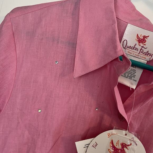 NWT Quacker Factory Women's Linen Button Up Pink Shirt S Rhinestone Funky Glam - Picture 2 of 10
